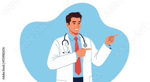 Smiling Doctor Presenting Healthcare Information in Modern Clinic Setting, Offering Medical Advice and Guidance, Perfect for Hospital Marketing, Health Presentations, Featuring Professional Expertise,