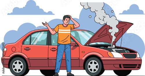 Frustrated Man Stranded with Broken Down Car on Roadside with Overheated Engine and Smoke, Seeking Assistance in Automotive Emergency Travel Trouble, Illustration Style for Website Blog Post Marketing