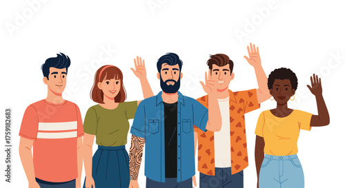 Diverse Group Waving Hello in Friendly Gathering: Modern Team Demonstrating Collaboration, Unity and Greetings in a Positive Meeting, Corporate Communication, or Social Connection Illustration for Web