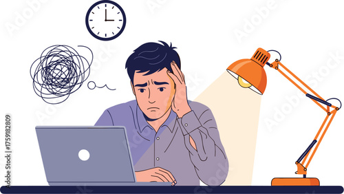 Stressed Professional Working Overtime at Desk with Laptop Under Lamp Light Feeling Overwhelmed by Deadline Pressure, Representing Burnout, Anxiety, Frustration, and Workplace Stress in Business,  Tec