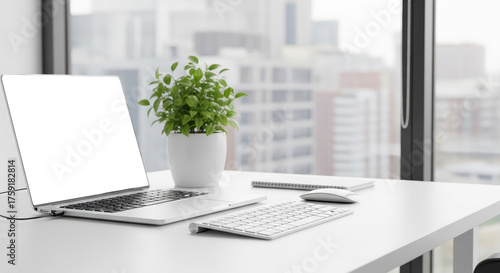 Wallpaper Mural Modern Office Desk With Laptop Plant and Keyboard Facing Large Window with City View Torontodigital.ca