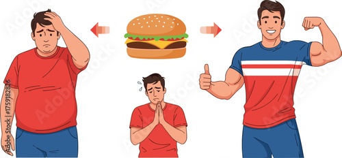 Weight Loss Transformation Journey: Overweight Man's Struggle with Unhealthy Burger, Seeking Diet Solution and Achieving Muscular Fitness with Exercise for Health, Wellness, and Positive Lifestyle Cha