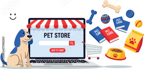 Happy Dog Shopping Online at Pet Store on Laptop for Supplies and Accessories Illustration Featuring Food, Bones, Toys, Books for Animal Care in Bright Cartoon Style with Add to Cart Button for e-Comm
