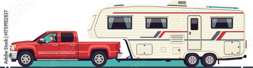 Red Truck Towing White Camper Trailer on Road Trip Adventure: Leisurely Travel Destination, Vacation Lifestyle,  Transporting RV for Camping, Recreational Vehicle Journey, Tourism, Transportation, Fre