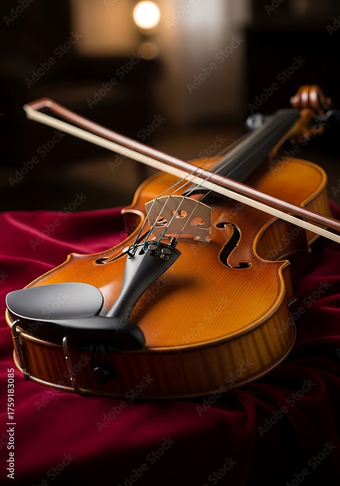 Fototapeta premium Violin and bow on fabric