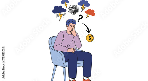 Stressed Man Considering Financial Problems in Blue Chair with Storm Clouds, Question Mark, Falling Dollar Coin Illustration for Business Presentation About Economic Anxiety, Recession Fears, Debt Cri