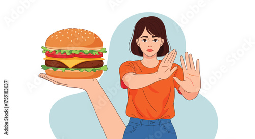 Woman Rejecting Unhealthy Fast Food Hamburger Offering in Hand, Making Stop Gesture Against Indulgence, Dieting Decision, Health Conscious Lifestyle Choice, Weight Management, Nutrition Presentation,