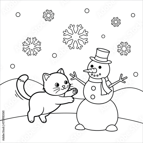Vector art of cute cartoon kitten playing with a snowman in falling snow