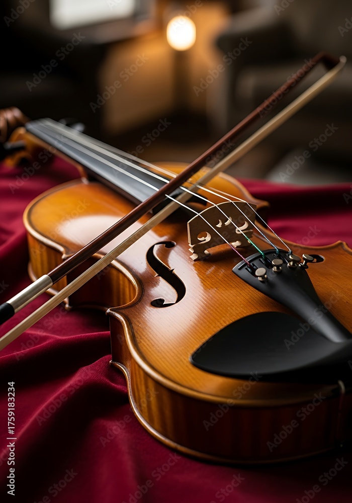 Fototapeta premium Violin with bow on velvet