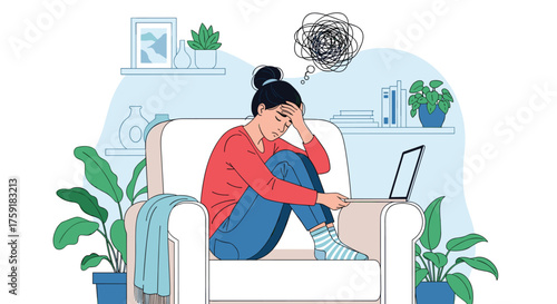 Stressed Young Woman Experiencing Anxiety Working from Home on Laptop, Sitting in Armchair in Interior with Plants, Feeling Overwhelmed,  Suffering from Mental Health Issues, Frustration,  Depression,
