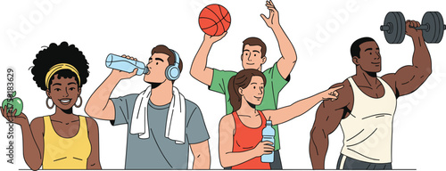 Diverse Group Exercising for Health and Wellness Illustration: Active People Drinking Water, Playing Basketball, Lifting Weights, Eating Healthy, Promoting Wellbeing, Fitness, and Modern Lifestyle, Go