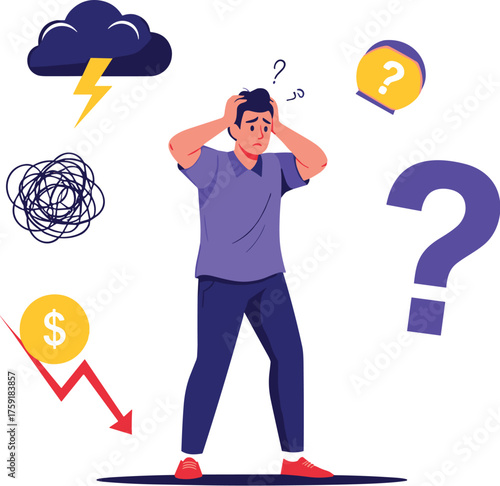 Stressed Man Under Financial Pressure, Facing Uncertainty,  Anxiety, and Economic Downturn in a Modern Business Crisis Illustration, Symbolizing Market Instability, Recession, Investment Risk,  Econom