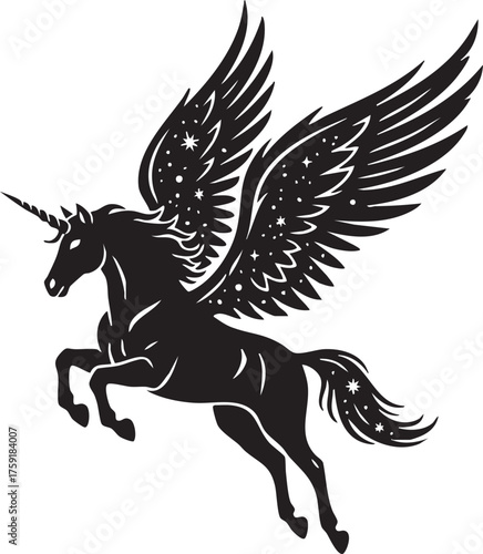 Winged Unicorn Ribbon Tattoo Design – Black Tribal Fantasy Vector