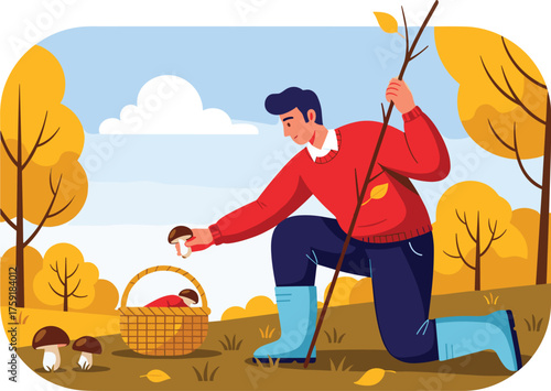 Man Foraging Mushrooms in Autumnal Forest Collecting Fungi in Basket, Fall Season Activity, Outdoor Lifestyle, Nature Illustration, Harvest Time, Healthy Eating, Sustainable Living, Exploration, Educa
