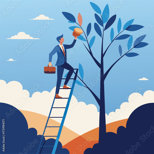 businessman climbing a ladder to harvest coins fro (2).eps
