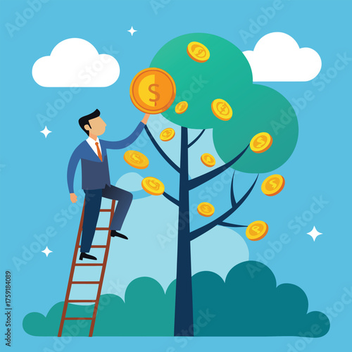 businessman climbing a ladder to harvest coins fro (1).eps