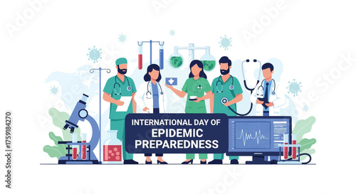 2D flat vector illustration of doctors, nurses, and scientists working together with medical equipment and virus icons, symbolizing global health readiness, International Day of Epidemic Preparedness