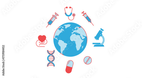Minimal 2D flat vector of a world globe surrounded by medical symbols like stethoscope, syringe, and microscope, representing prevention and global cooperation, International Day of Epidemic Preparedn
