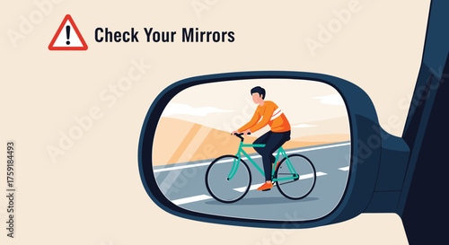 Bicyclist Observed in Car's Side Mirror: A Reminder to Check Your Mirrors for Cyclists on Roads, Streets and Highways in Urban Environments - Promoting Safety Awareness in Transportation, Featuring Ve