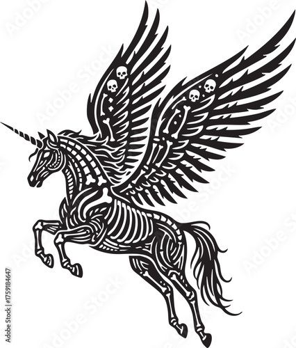 Skeletal Winged Unicorn (Pegasus) with Skulls - Black & White Vector Tattoo Illustration
