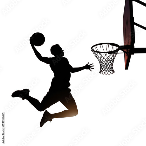 Illustration of silhouette of basketball player dunking isolated on transparent background