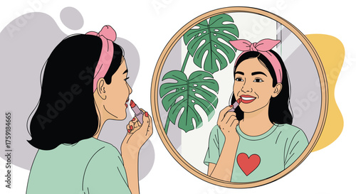 Young Woman Applying Lipstick in Round Mirror with Monstera Plant Backdrop, Beauty Routine in Relaxing Home Setting, Fashion and Personal Care Illustration for Lifestyle Blog, Cosmetics Promotion, Ret