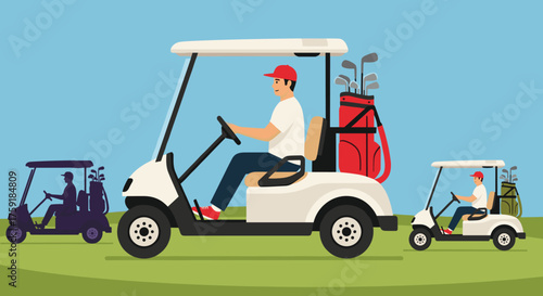 Golfers Riding in Golf Carts on a Sunny Day at the Golf Course Illustration, Enjoying Leisure Time, Sport Activity, Friendly Competition, Outdoor Recreation in a Relaxing Environment, Business Meeting