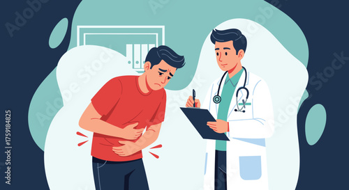 Man Experiencing Abdominal Pain Consults Doctor in Modern Clinic, Healthcare Professional Taking Notes, Medical Consultation for Illness, Disease, Treatment Plan, Digestive Health Issue, Red Tummy Ach