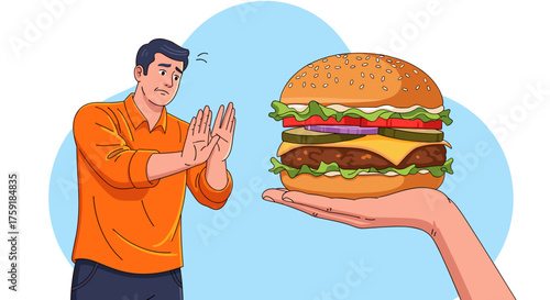 Man Declining a Hamburger Offered in Cartoon Style - Choosing Healthy Lifestyle, Saying No to Unhealthy Food, Resisting Temptation, Weight Loss Journey, Dieting for Fitness and Wellness, Health Awaren
