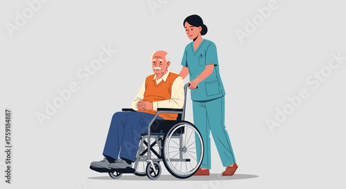Elderly Man Assisted by Caregiver in Healthcare Setting: Senior in Wheelchair Receiving Compassionate Assistance, Geriatric Support, Medical Care, Empathy, Illustrated Scene, Modern Style, Hospital, N