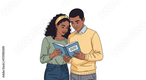 Young Adult Couple Reading Book Together Indoors with Focus and Interest, Education and Learning Concept, Modern Relationship Studying, Happy Readers in Casual Setting, Storytelling and Literature, Di