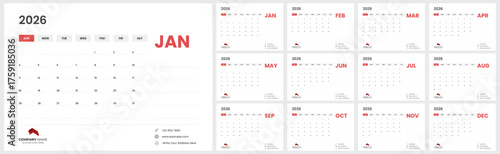 Modern 2026 desk calendar template for company. Clean 2026 calendar layout with planner.