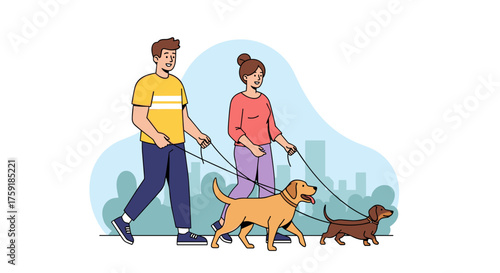 Couple Walking Dogs in Urban Park Setting Illustration – Happy Man and Woman Enjoying Pet Ownership Lifestyle in Cityscape Environment, Promoting Wellbeing and Community, Modern Flat Vector Style for