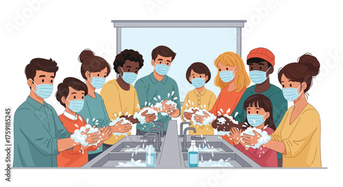 at vector illustration of people washing hands, wearing masks, and staying healthy, promoting prevention and public awareness, International Day of Epidemic Preparedness