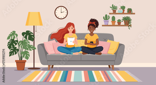 Two Women Relaxing on Sofa with Devices in Cozy Living Room: Friends Enjoying Downtime at Home, Using Tablets & Phones, Surrounded by Plants, Striped Rug, Modern Apartment Interior for Lifestyle & Tec