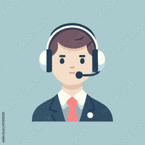 Flat illustration of a male customer service employee wearing headphones