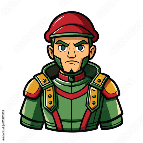 Cartoon vector illustration of a soldier in green military uniform