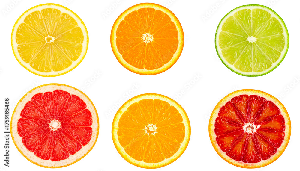 Fototapeta premium Citrus Slices Array Fresh Juicy Fruit, Cross Section Top View, Lemon Lime Orange Grapefruit