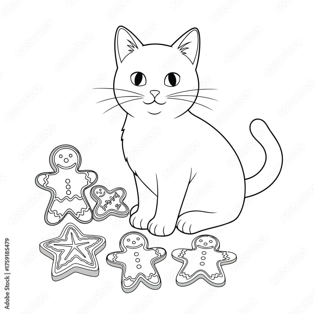 Fototapeta premium Vector art of simple cat illustration with gingerbread cookies