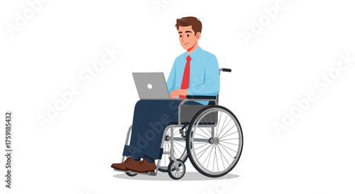 Confident Businessman Working on Laptop in Wheelchair, Accessible Workplace Illustration, Representing Inclusion, Disability, Diversity, Modern Technology, Business Solutions, and Professional Achieve