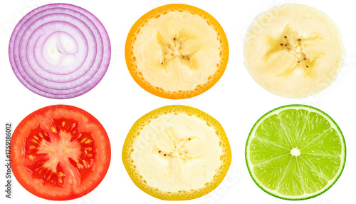 Vibrant Fruit and Vegetable Slices Cross Sections Top View on Transparent Backdrop