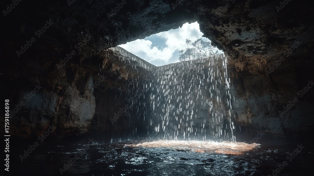 Naklejka premium Cave Interior with Sunlit Waterfall and Sky View