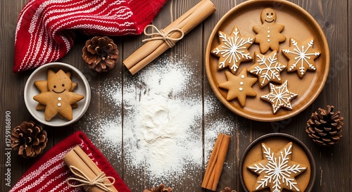 A festive overhead view of gingerbread cookies, cinnamon sticks, pinecones, and scattered flour on a wooden surface, evoking a cozy holiday baking atmosphere.