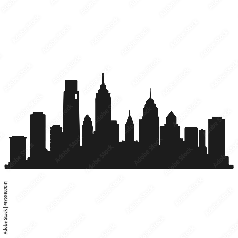 Fototapeta premium A clean and modern Philadelphia city skyline silhouette, rendered in a striking flat 2D vector style against a crisp plain white background, perfect for urban themes.