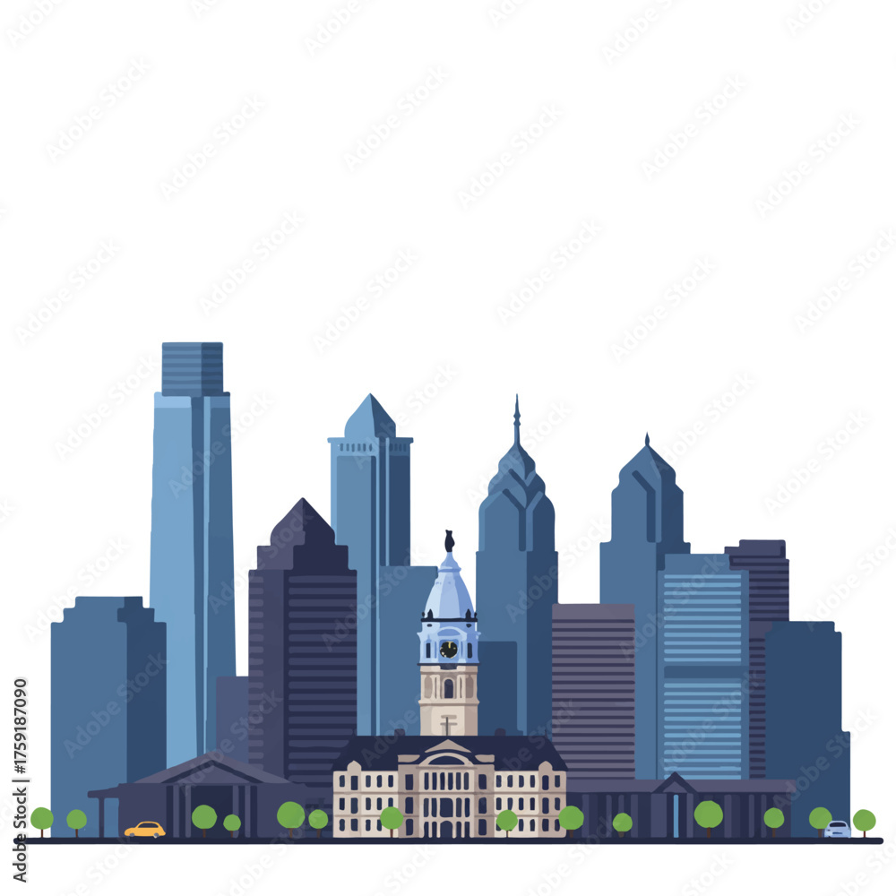 Fototapeta premium Philadelphia's iconic skyline is depicted as a clean, minimalist 2D flat vector illustration featuring tall buildings on a plain white background, perfect for urban themes.