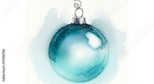 Watercolor illustration of a teal christmas ornament with snow for holiday cards and decorations