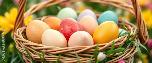 Colorful pastel Easter eggs in a woven basket, springtime scene, springtime, eggs