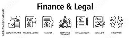 Finance & Legal banner web icon vector illustration concept with icon of legal compliance, financial analysis, valuation, competitive advantage, insurance policy, agreement
