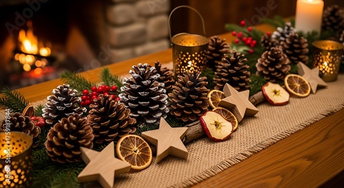 A rustic Christmas table runner adorned with pinecones, dried orange slices, wooden stars, and evergreen sprigs, set against a warm, glowing fireplace.