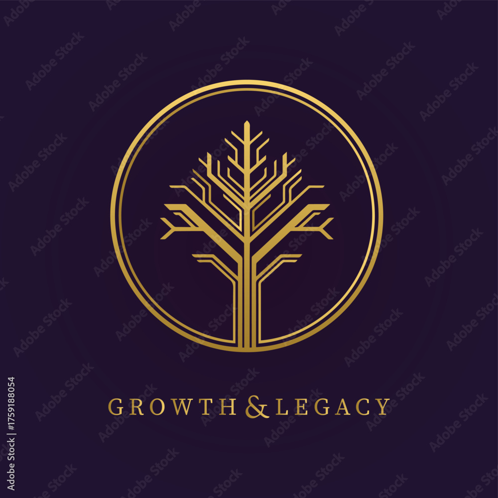 Fototapeta premium Vector art of golden tree logo symbolizing growth and legacy on a dark purple background